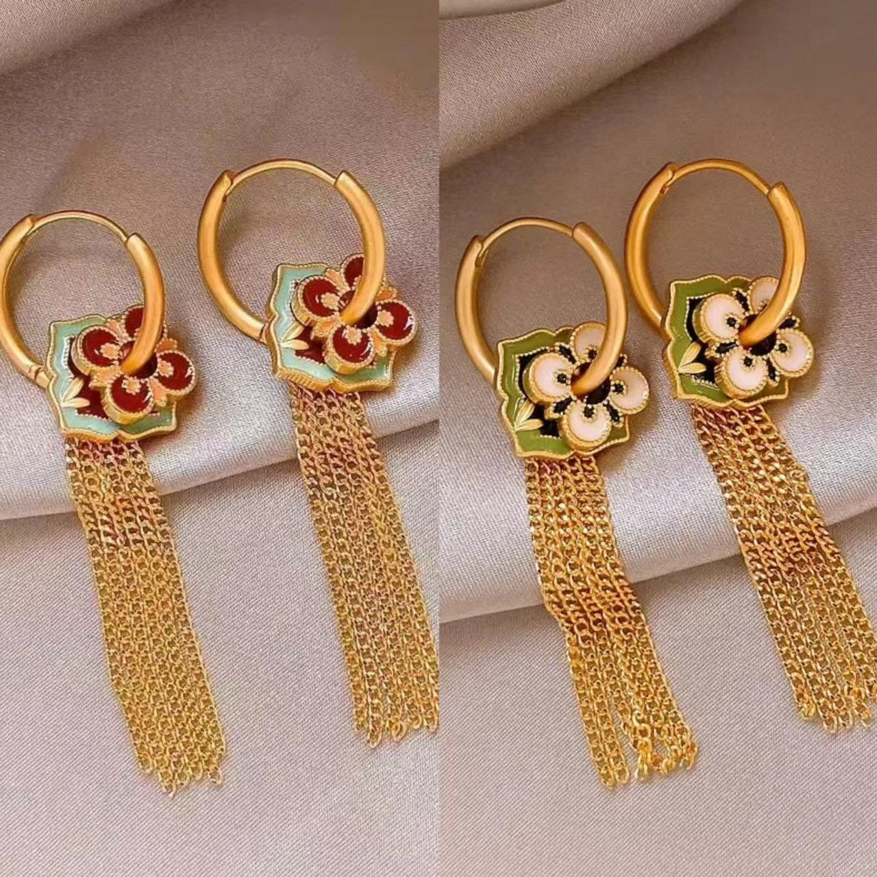 Ethnic Fashion Way - أقراط شرابة ذهبية على شكل زهرة