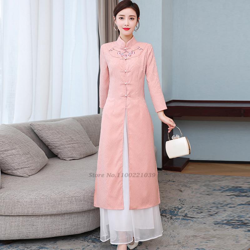 Ao Dai Vietnam Dress - 2026 طقم فستان وبنطلون نسائي تقليدي